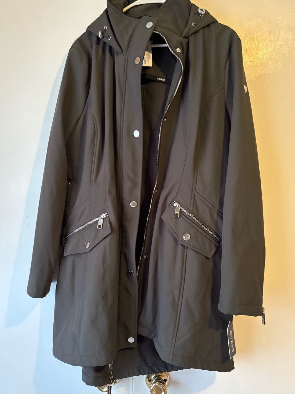 GUESS Black Hooded Trench Coat with Zip Pockets